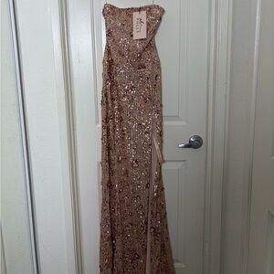 Oh Polly Strapless Sequin Dress in Rose Gold